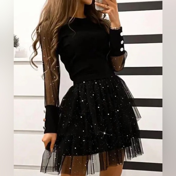 Dastash Dresses & Skirts - NWT! SZ M BLACK GLITTER SPARKLY SPARKLE MESH SLEEVE TUTU DRESS